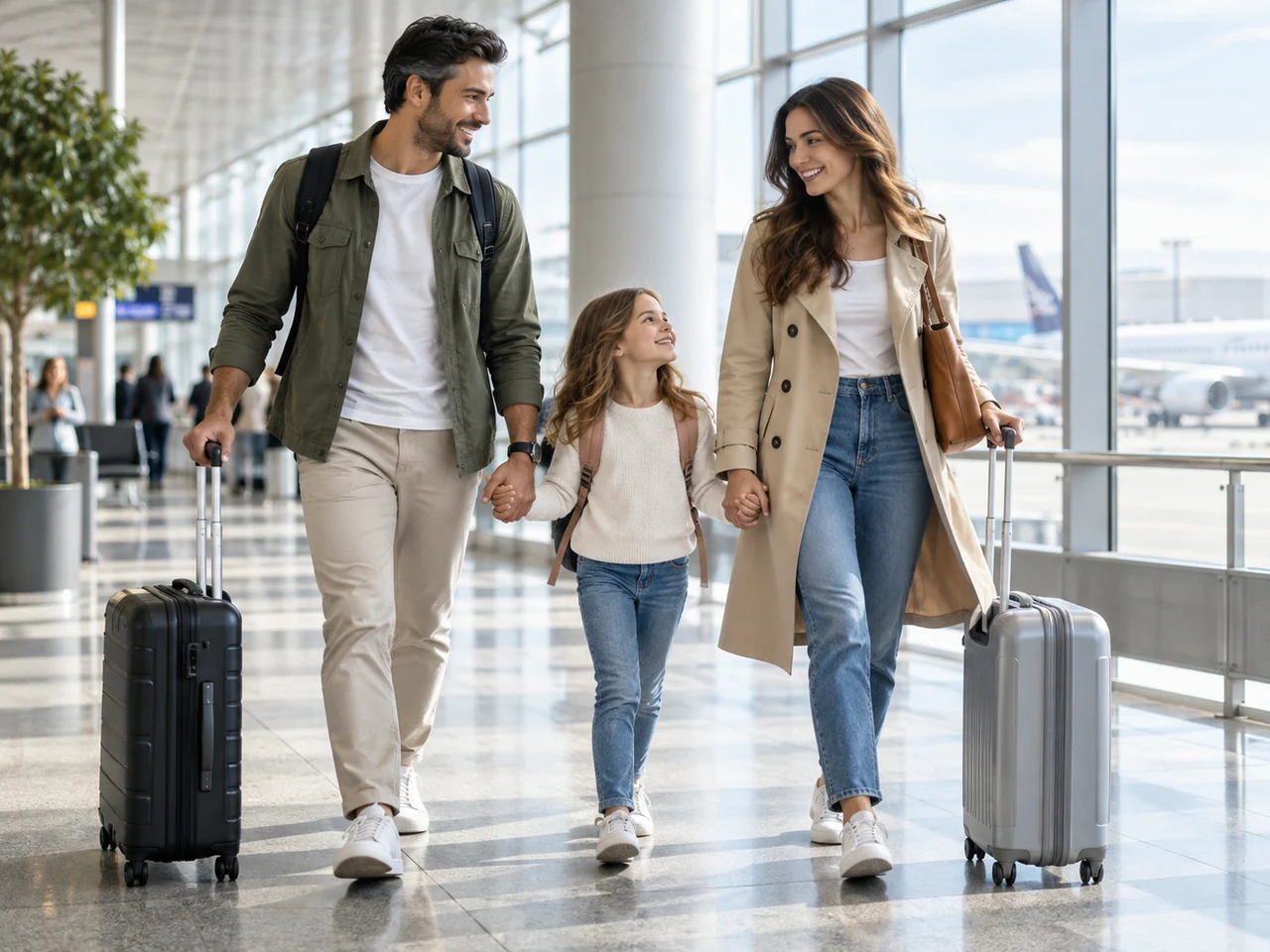 Família com malas caminhando pelo aeroporto.